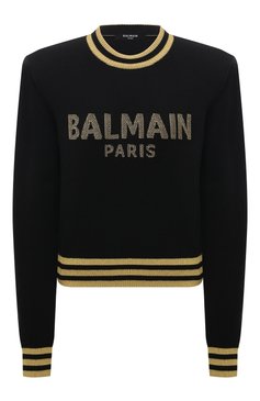 Женский пуловер из шерсти и кашемира BALMAIN черного цвета, арт. XF0KA000KB99 | Фото 1 (Материал внешний: Шерсть; Рукава: Длинные; Длина (для топов): Стандартные; Материал сплава: Проставлено; Женское Кросс-КТ: Пуловер-одежда; Драгоценные камни: Проставлено; Стили: Кэжуэл)