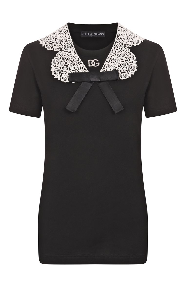 Женская хлопковая футболка DOLCE & GABBANA черного цвета, арт. F8V50Z/GDC5S | Фото 1 (Длина (для топов): Стандартные; Материал внешний: Хлопок; Рукава: Короткие; Принт: Без принта; Стили: Романтичный; Автоматизация ТО: Проставлено; Размерность: Идёт в размер; Автоматизация состава: Проставлено; Re-sync: On)
