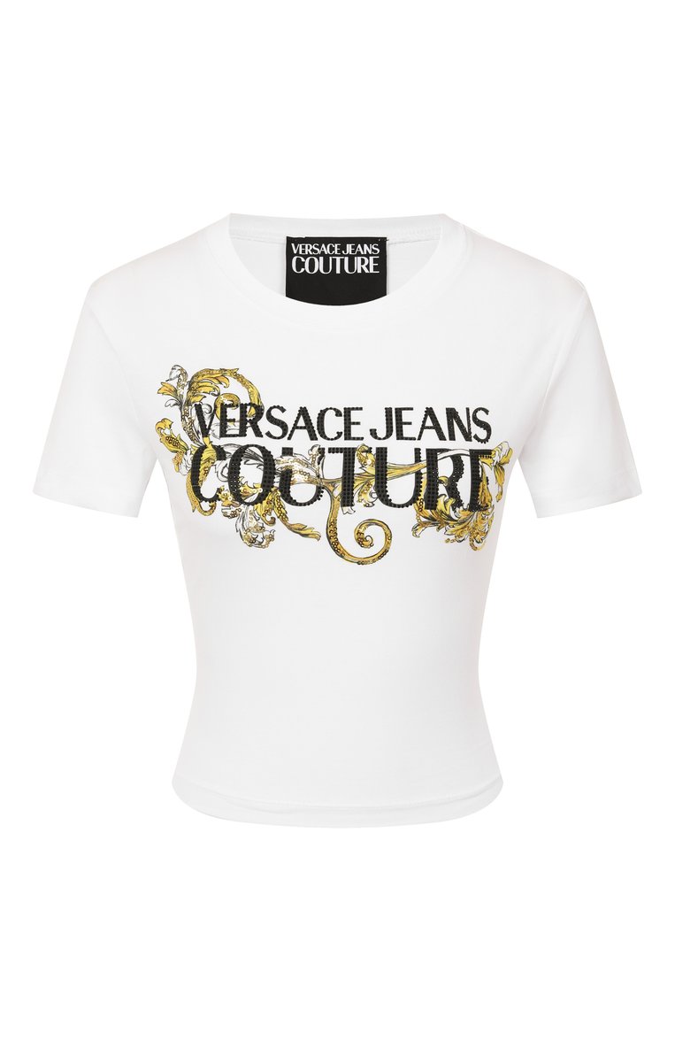 Женская хлопковая футболка VERSACE JEANS COUTURE белого цвета, арт. 78HAHC05/CJ02C | Фото 1 (Материал внешний: Хлопок; Рукава: Короткие; Длина (для топов): Укороченные; Принт: С принтом; Стили: Кэжуэл; Автоматизация ТО: Проставлено; Автоматизация состава: Проставлено)