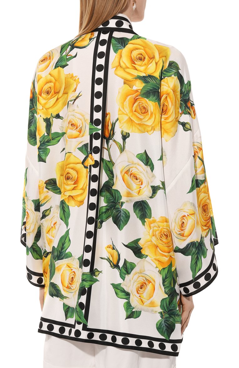 Женская шелковая блузка DOLCE & GABBANA желтого цвета, �арт. F5Q42T/GDA9C | Фото 4 (Материал сплава: Проставлено; Материал внешний: Шелк; Рукава: Длинные; Драгоценные камни: Проставлено; Длина (для топов): Удлиненные; Принт: С принтом; Женское Кросс-КТ: Блуза-одежда; Стили: Кэжуэл)