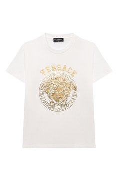 Детская хлопковая футболка VERSACE белого цвета, арт. 1000239/1A08399/4A-6A | Фото 1 (Материал сплава: Проставлено; Рукава: Короткие; Материал внешний: Хлопок; Драгоценные камни: Проставлено; Девочки Кросс-КТ: футболка-одежда)