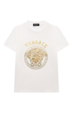 Детская хлопковая футболка VERSACE белого цвета, арт. 1000239/1A08399/4A-6A | Фото 1 (Рукава: Короткие; Материал сплава: Проставлено; Материал внешний: Хлопок; Драгоценные камни: Проставлено)