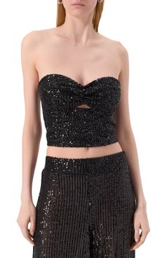 Женский топ с отделкой пайетками IN THE MOOD FOR LOVE черного цвета, арт. RS2501500009 | Фото 3 (Материал сплава: Проставлено; Драгоценные камни: Проставлено; Длина (для топов): Укороченные; Кросс-КТ: костюм; Стили: Гламурный; Рукава: С открытыми плечами; Материал внешний: Синтетический материал)