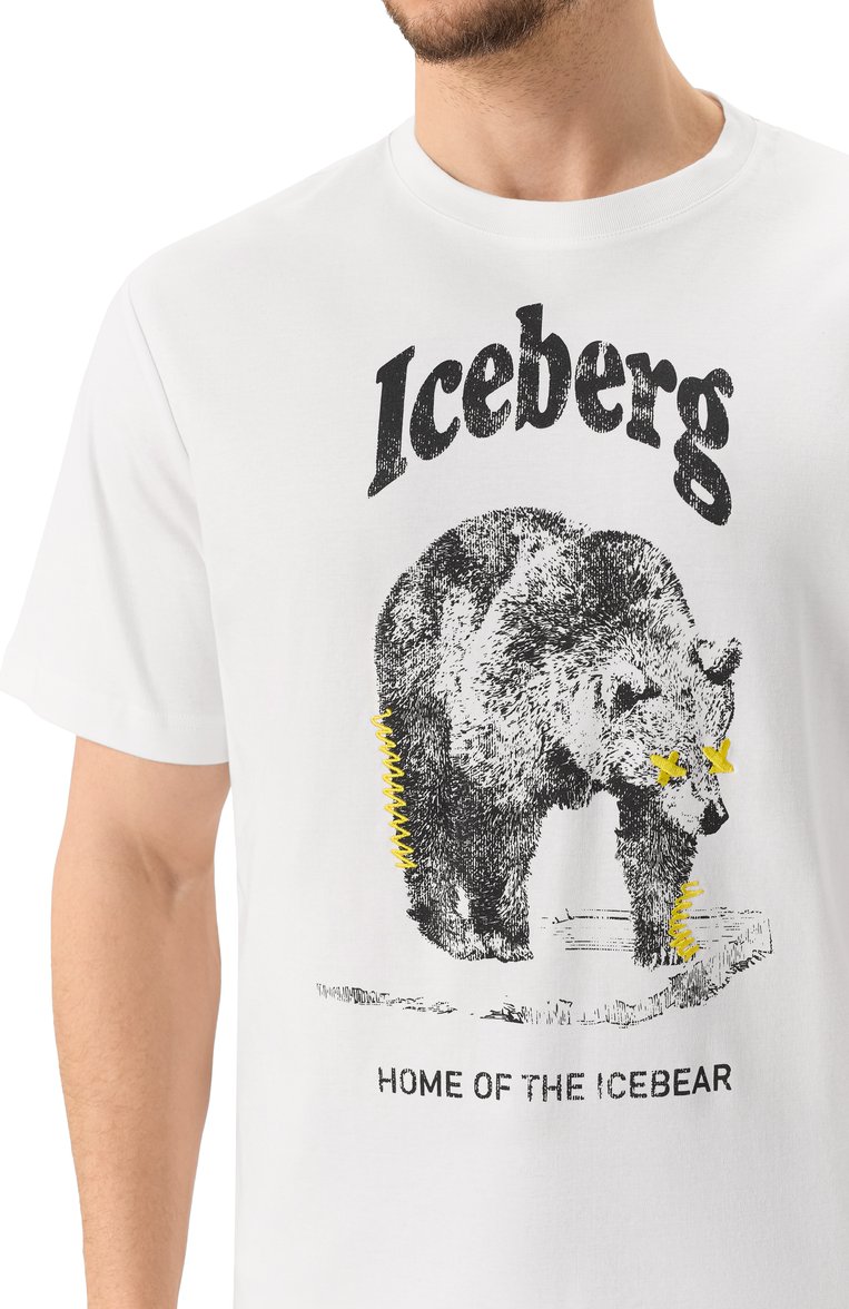 Мужская хлопковая футболка ICEBERG белого цвета, арт. F025/6307 | Фото 5 (Рукава: Короткие; Драгоценные камни: Проставлено; Длина (для топов): Стандартные; Материал сплава: Проставлено; Стили: Кэжуэл; Принт: С принтом; Материал внешний: Хлопок; Мужское Кросс-КТ: Футболка-одежда; Кросс-КТ: Джерси)
