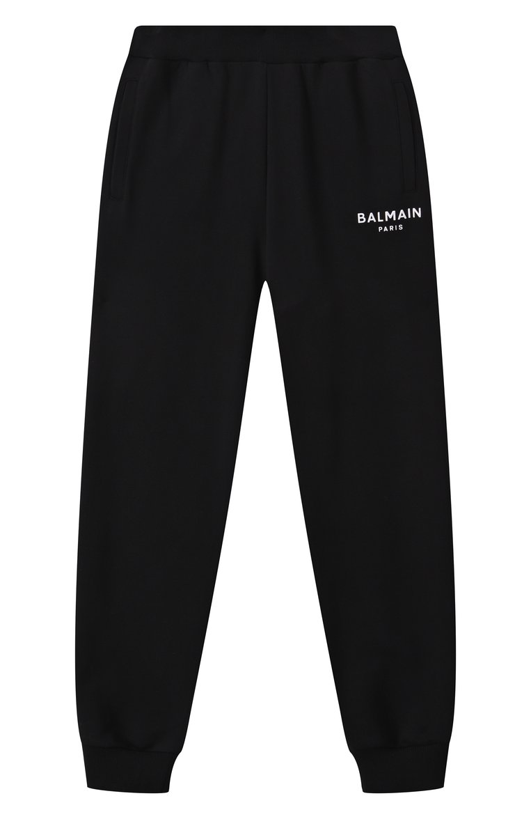 Детские хлопковые джоггеры BALMAIN черного цвета, арт. BW6Q70 | Фото 1 (Материал сплава: Проставлено; Нос: Не проставлено; Мальчики Кросс-КТ: Джоггеры-одежда; Материал внешний: Хлопок; Ростовка одежда: 8 лет | 128 см, 12 лет | 152 см, 13 - 15 лет | 158 см, 16 лет | 164 см, 10 - 11 лет | 140 - 146см, 6 лет | 116 см)