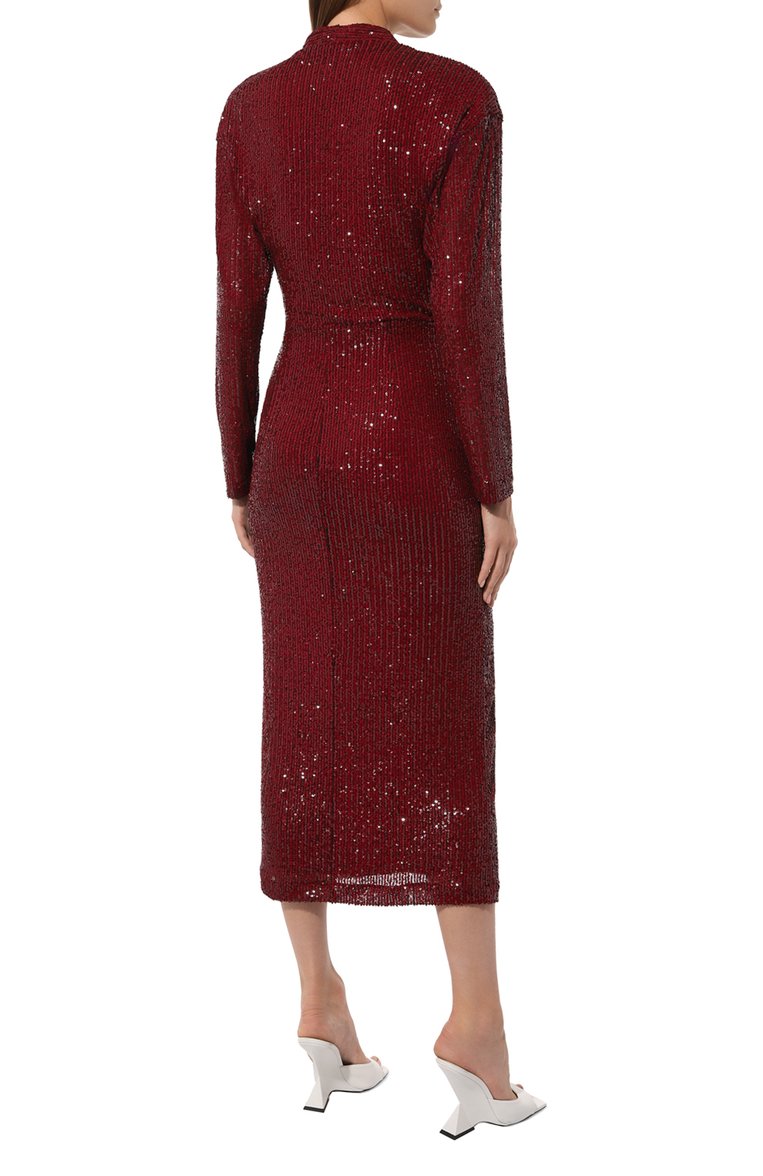 Женское платье с отделкой пайетками IN THE MOOD FOR LOVE бордового цвета, арт. PF2400100012 | Фото 4 (Рукава: Длинные; Длина Ж (юбки, платья, шорты): Миди; Материал внешний: Синтетический материал; Случай: Вечерний; Женское Кросс-КТ: Платье-одежда; Стили: Гламурный)