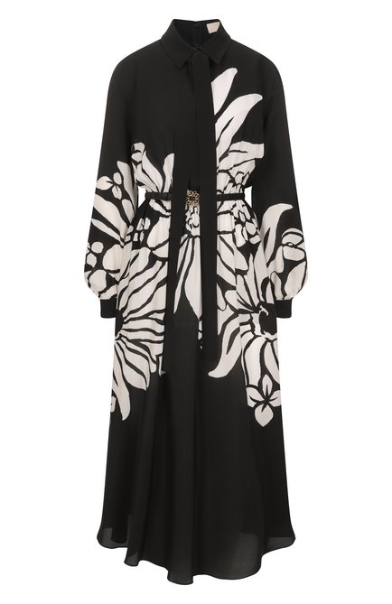 Женское шелковое платье ELIE SAAB черного цвета, арт. D0504 | Фото 1 (Длина Ж (юбки, платья, шорты): Миди; Драгоценные камни: Проставлено; Материал внешний: Шелк; Материал сплава: Проставлено; Рукава: Длинные)
