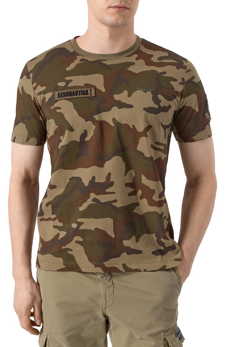 Мужская хлопковая футболка AERONAUTICA MILITARE хаки цвета, арт. 251TS2415J684 | Фото 3 (Рукава: Короткие; Длина (для топов): Стандартные; Материал внешний: Хлопок; Стили: Милитари; Принт: С принтом; Кросс-КТ: Джерси; Мужское Кросс-КТ: Футболка-одежда; Автоматизация состава: Проставлено; Автоматизация ТО: Проставлено; Детали: Без декора)