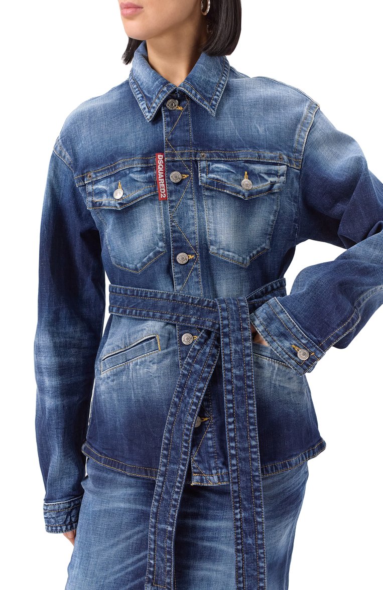 Женская джинсовая куртка DSQUARED2 синего цвета, арт. S75DL0906/S30664 | Фото 5 (Материал сплава: Проставлено; Длина (верхняя одежда): Короткие; Драгоценные камни: Проставлено; Рукава: Длинные; Кросс-КТ: Деним, Куртка, Легкие; Стили: Кэжуэл; Материал внешний: Деним, Хлопок)