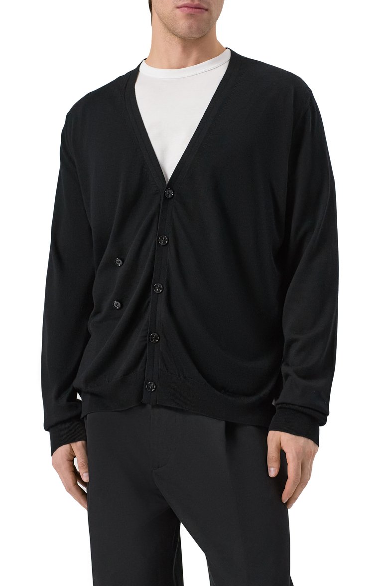 Мужской ш�ерстяной кардиган ANN DEMEULEMEESTER черного цвета, арт. B0012476/KN056 | Фото 3 (Длина (для топов): Стандартные; Рукава: Длинные; Материал внешний: Шерсть; Мужское Кросс-КТ: Кардиган-одежда; Стили: Гранж; Застежка: Пуговицы)