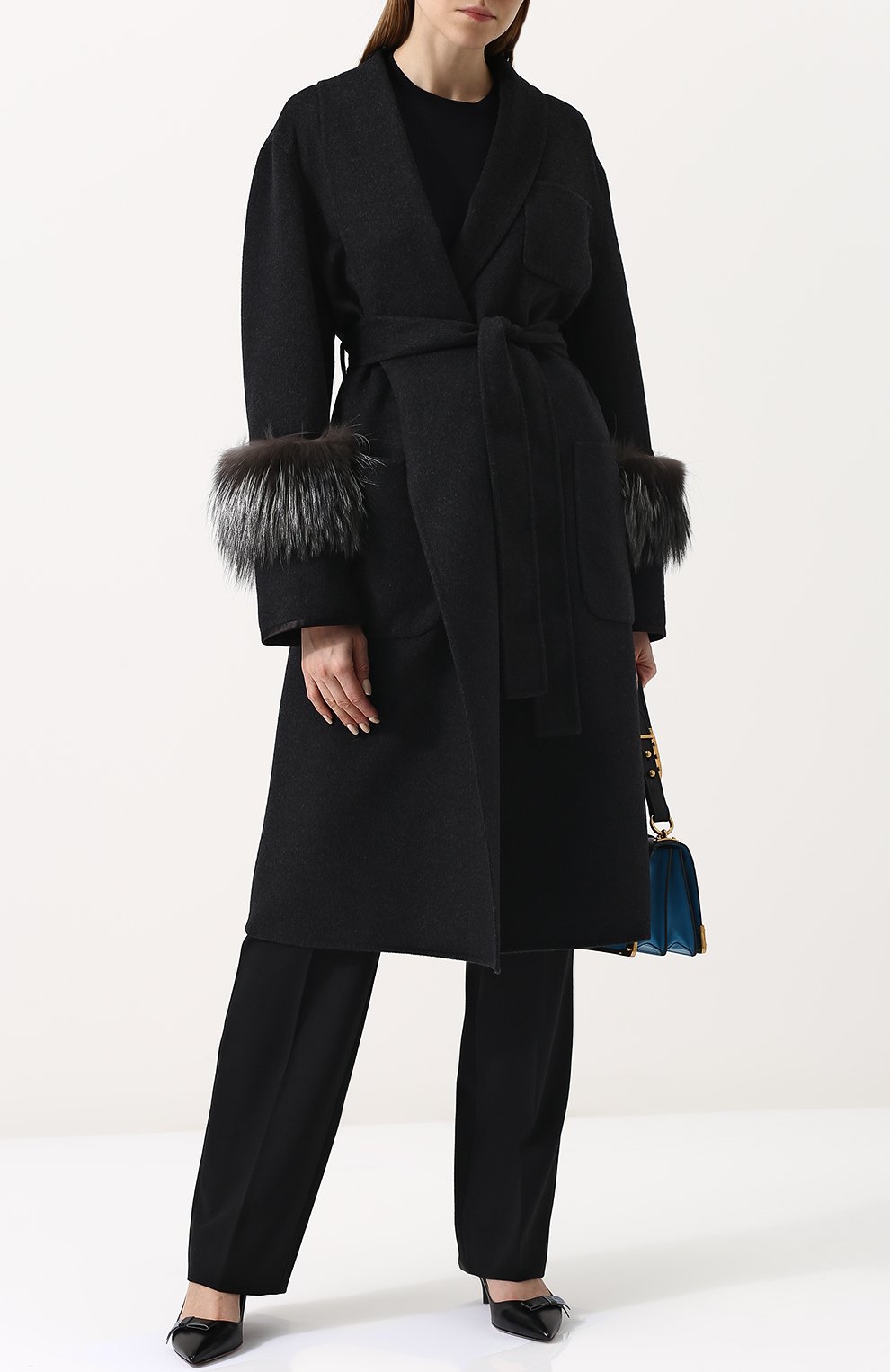 Шерстяное пальто с поясом и меховой отделкой рукавов PRADA, арт. P601HP-1P7P-F0542, фото 2