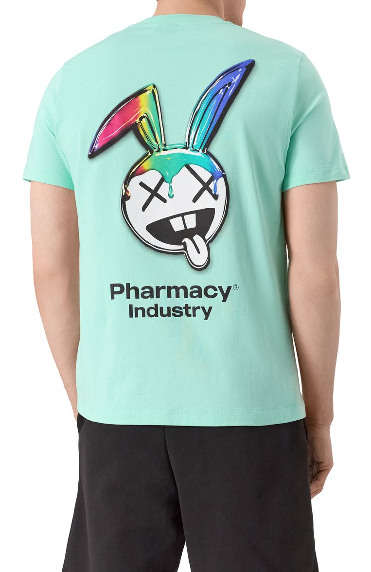 Мужская хлопковая футболка PHARMACY INDUSTRY бирюзового цвета, арт. PHABM00195 | Фото 4 (Длина (для топов): Стандартные; Рукава: Короткие; Материал внешний: Хлопок; Принт: С принтом; Стили: Гранж; Мужское Кросс-КТ: Футболка-одежда; Кросс-КТ: Джерси)