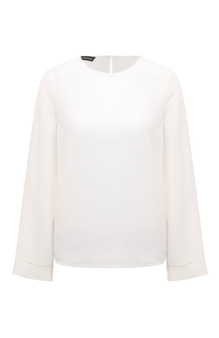 Женский шелковый топ EMPORIO ARMANI белого цвета, арт. 0NC3AT/02301 | Фото 1 (Рукава: Длинные; Материал внешний: Шелк; Длина (для топов): Стандартные; Стили: Романтичный)