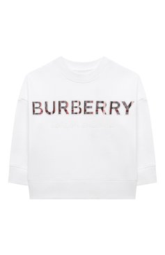 Детский хлопковый свитшот BURBERRY белого цвета, арт. 8047437 | Фото 1 (Рукава: Длинные; Материал сплава: Проставлено; Материал внешний: Хлопок; Девочки Кросс-КТ: Свитшот-одежда; Драгоценные камни: Проставлено; Ростовка одежда: 10 - 11 лет | 140 - 146см, 12 лет | 152 см, 16 лет | 164 см, 3 года | 98 см, 4 года | 104 см, 6 лет | 116 см, 8 лет | 128 см)