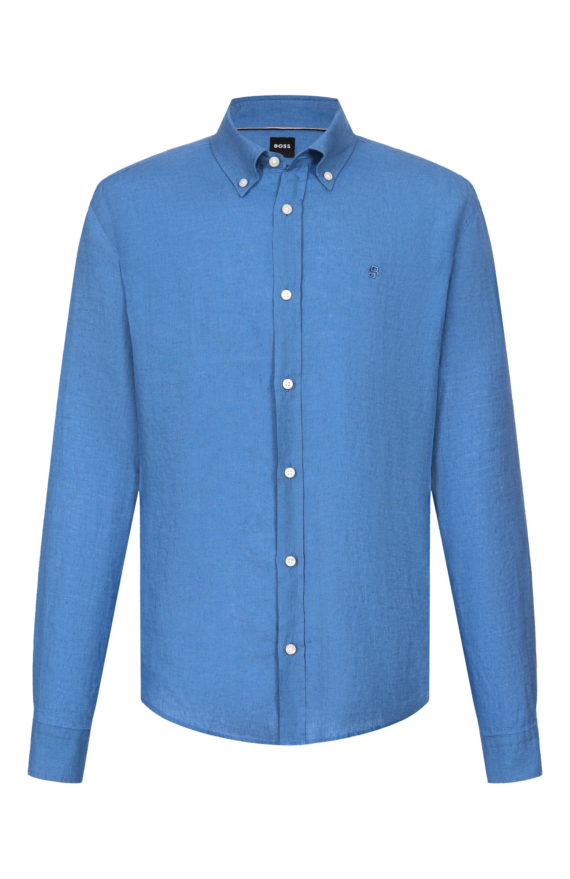 Льняная рубашка BOSS голубого цвета по цене 19950 руб., арт. 50556077, фото 1 Льняная рубашка BOSS, арт. 50556077, фото 1