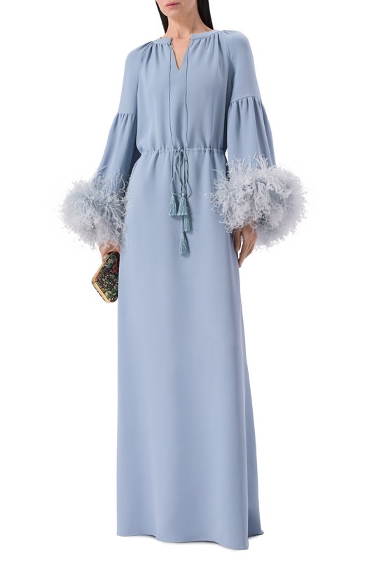 Шелковое платье с отделкой перьями Valentino 8B3VDMZ0/1MM Голубой  8B3VDMZ0/1MM Фото 2