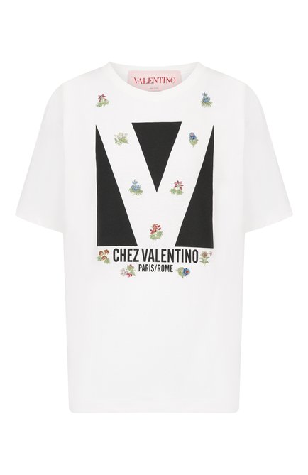 Женская хлопковая футболка VALENTINO кремового цвета, арт. 6B3MG24I919 | Фото 1 (Драгоценные камни: Проставлено; Длина (для топов): Стандартные; Рукава: Короткие; Материал внешний: Хлопок; Материал сплава: Проставлено)
