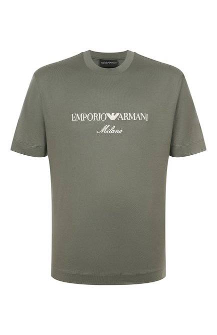 Мужская футболка EMPORIO ARMANI хаки цвета, арт. EM001033/AF10017 | Фото 1 (Материал внешний: Лиоцелл, Хлопок, Растительное волокно; Драгоценные камни: Проставлено; Длина (для топов): Стандартные; Рукава: Короткие; Материал сплава: Проставлено)