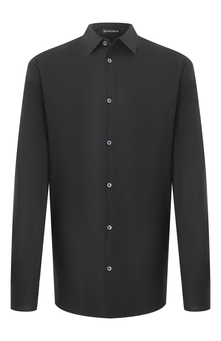 Мужская хлопковая рубашка ANN DEMEULEMEESTER черного цвета, арт. B0010522/FA555 | Фото 1 (Длина (для топов): Стандартные; Материал внешний: Хлопок; Рукава: Длинные; Воротник: Кент; Случай: Повседневный; Манжеты: На пуговицах; Стили: Кэжуэл; Принт: Однотонные)