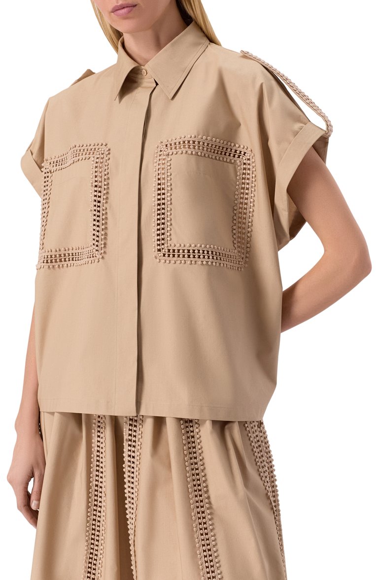Женская хлопковая рубашка ELIE SAAB бежевого цвета, арт. SH092NS25/P0009 | Фото 3 (Материал внешний: Хлопок; Длина (для топов): Стандартные; Автоматизация состава: Проставлено; Рукава: Короткие; Автоматизация ТО: Проставлено; Принт: Без принта; Кросс-КТ: костюм; Женское Кросс-КТ: Рубашка-одежда; Стили: Кэжуэл)