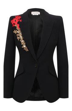Женский жакет ALEXANDER MCQUEEN черного цвета, арт. 686923/QEAAA | Фото 1 (Материал внешний: Вискоза, Синтетический материал; Рукава: Длинные; Материал подклада: Купро; Длина (для топов): Стандартные; Стили: Гламурный; Случай: Вечерний; Женское Кросс-КТ: Жакет-одежда; 1-2-бортные: Однобортные; Региональные ограничения белый список (Axapta Mercury): RU)