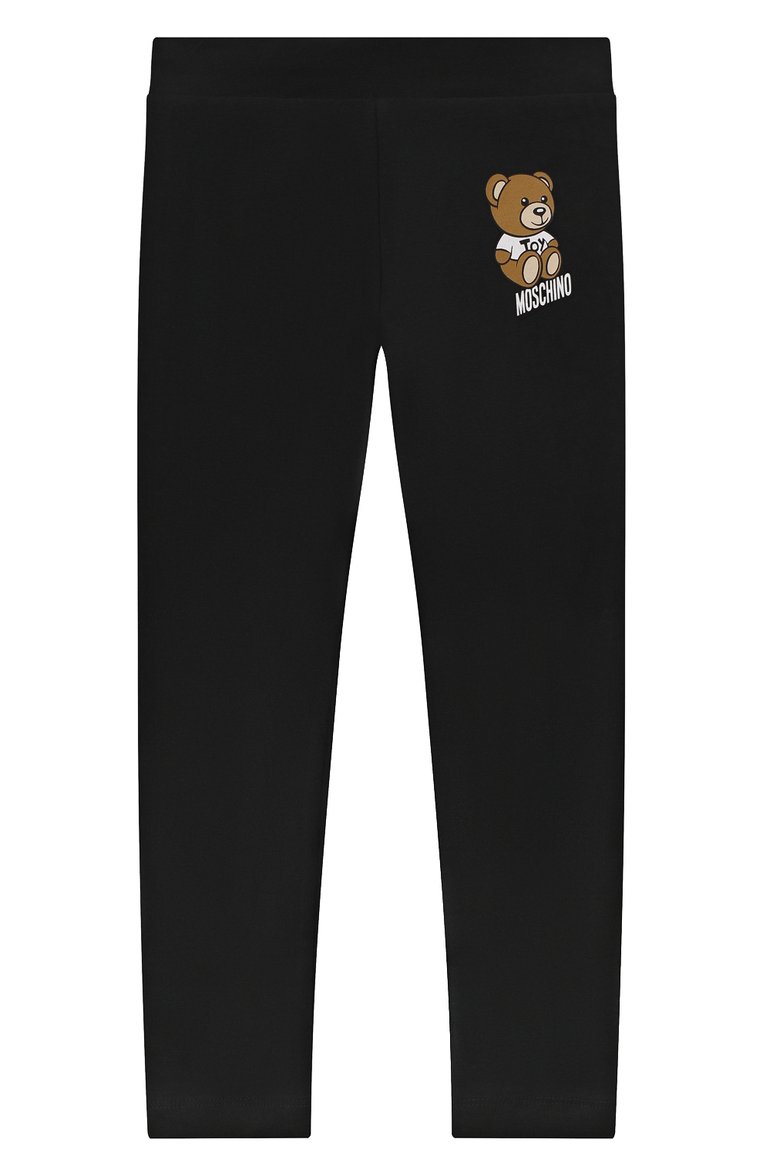 Детские хлопковые легинсы MOSCHINO черного цвета, арт. H3P047/LBA10/4 | Фото 1 (Материал внешний: Хлопок; Девочки Кросс-КТ: Леггинсы-одежда; Нос: Не проставлено; Ростовка одежда: 4 года | 104 см)