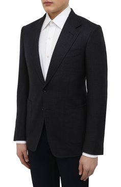 Мужской шерстяной пиджак TOM FORD темно-синего цвета, арт. 322R61/10SP40 | Фото 3 (Материал подклада: Шелк, Купро; Длина (для топов): Стандартные; Материал внешний: Шерсть; Рукава: Длинные; Случай: Формальный; Стили: Классический; 1-2-бортные: Однобортные; Пиджаки М: Приталенный; Драгоценные камни: Проставлено; Материал сплава: Проставлено)