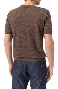 Мужской джемпер изо льна и шелка CORNELIANI коричневого цвета, арт. 25M565-2525114 | Фото 4 (Материал внешний: Шелк, Лен; Длина (для топов): Стандартные; Рукава: Короткие; Материал сплава: Проставлено; Драгоценные камни: Проставлено; Вырез: Круглый; Мужское Кросс-КТ: Джемперы; Принт: Без принта; Стили: Кэжуэл)
