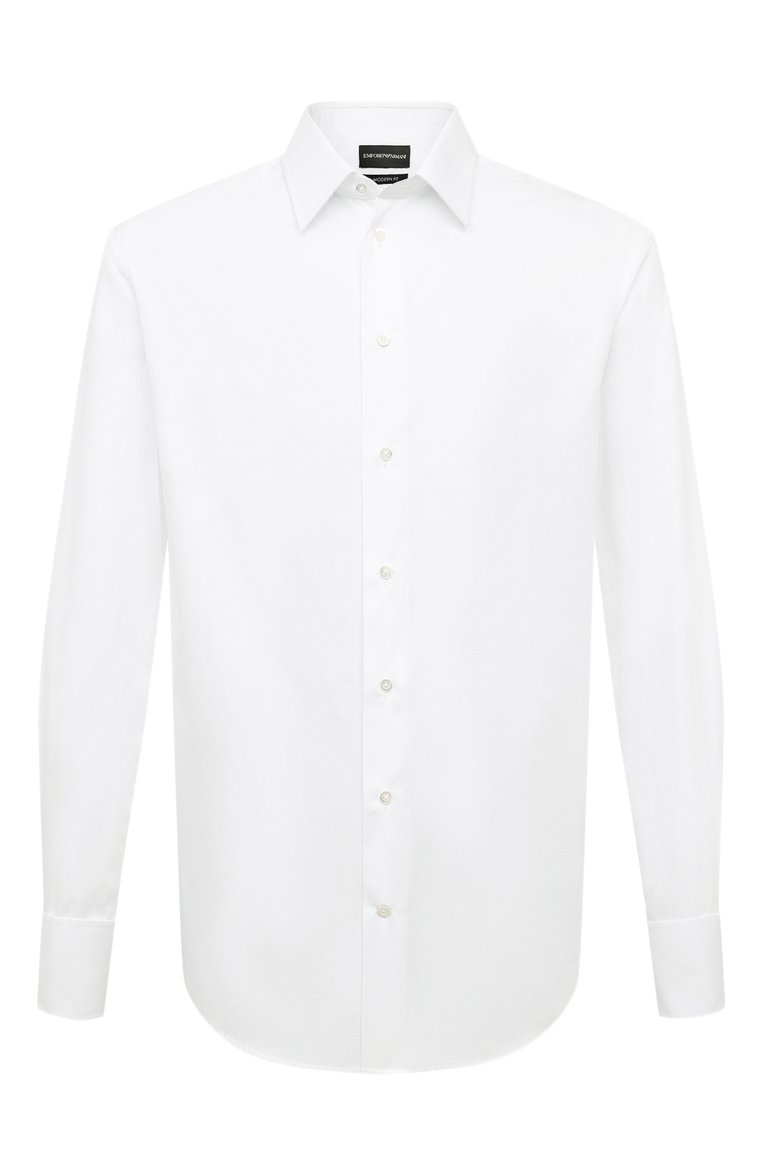 Мужская хлопковая сорочка EMPORIO ARMANI белого цвета, арт. E31C5G/011F1 | Фото 1 (Матери�ал внешний: Хлопок; Рукава: Длинные; Длина (для топов): Стандартные; Рубашки М: Regular Fit; Воротник: Кент; Принт: Однотонные; Случай: Формальный; Манжеты: Под запонки; Стили: Классический)