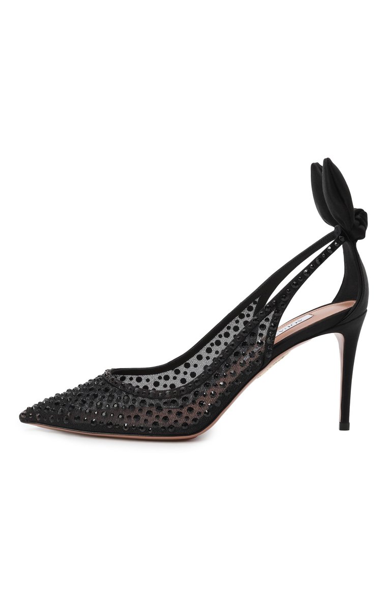 Женские текстильные туфли bow tie crystal 85 AQUAZZURA черного цвета, арт. DCTMIDP0/STT | Фото 4 (Материал внутренний: Натуральная кожа; Материал внешний: Текстиль; Подошва: Плоская; Каблук высота: Высокий; Каблук тип: Шпилька)