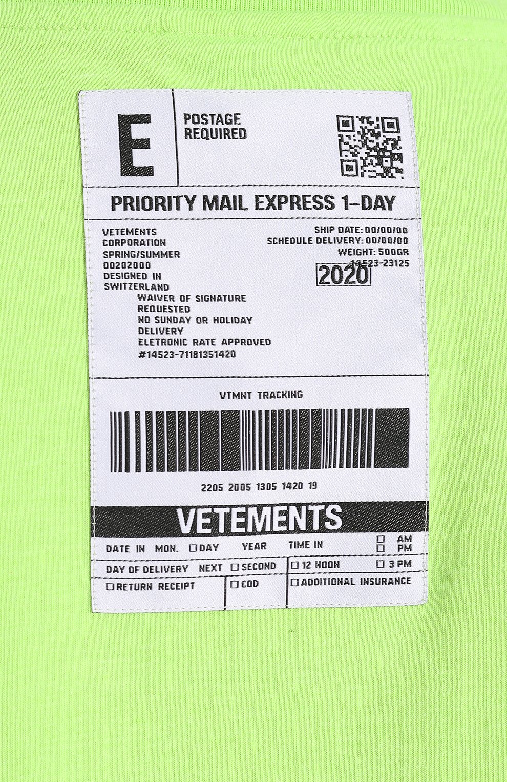 Футболка VETEMENTS, арт. SS20TR305 1610/W/FLU0 GREEN, фото 5