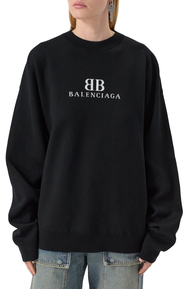 Женский шерстяной свитер BALENCIAGA черного цвета, арт. 818420/T1725 | Фото 3 (Рукава: Длинные; Длина (для топов): Стандартные; Материа�л внешний: Шерсть; Стили: Гранж; Женское Кросс-КТ: Свитер-одежда)
