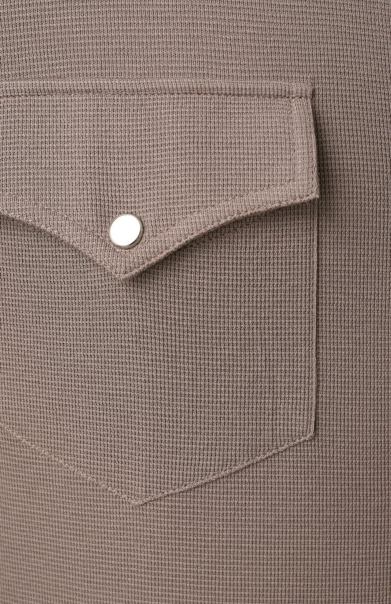 Мужская рубашка из хлопка и шелка BRUNELLO CUCINELLI коричневого цвета, арт. MW8666666 | Фото 6 (Материал внешний: Хлопок, Шелк; Рукава: Длинные; Длина (для топов): Стандартные; Манжеты: На пуговицах; Случай: Повседневный; Воротник: Акула; Принт: Однотонные; Стили: Кэжуэл)