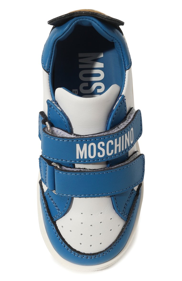 Детские кожаные кеды MOSCHINO синего цвета, арт. 77345 | Фото 4 (Материал сплава: Проставлено; Нос: Не проставлено; Материал внутренний: Натуральная кожа; Мальчики Кросс-КТ: Обувь-низкие; Кросс-КТ: велькро; Материал внешний: Натуральная кожа)