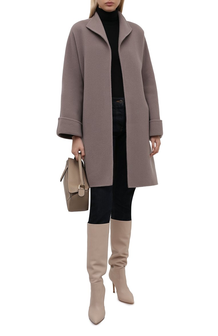Женское шерстяное пальто с поясом GIORGIO ARMANI серого цвета, арт. 8WH0L002/T008G | Фото 2 (Рукава от горловины: Длинные; Рукава: Длинные; Материал внешний: Шерсть; Статус проверки: Проверено, Проверена категория; Длина (верхняя одежда): До колена; 1-2-бортные: Однобортные)