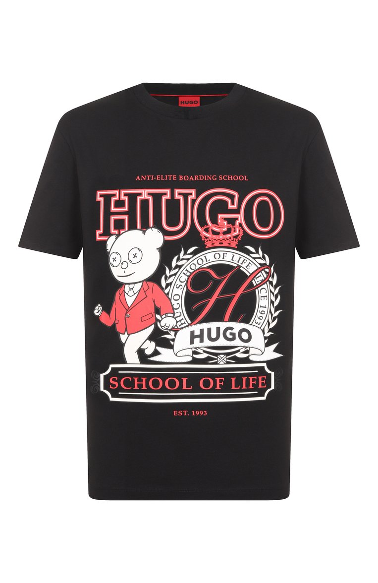 Мужская хлопковая футболка HUGO черного цвета, арт. 50538254 | Фото 1 (Материал внешний: Хлопок; Длина (для топов): Стандартные; Рукава: Короткие; Ст�или: Кэжуэл; Принт: С принтом; Мужское Кросс-КТ: Футболка-одежда)