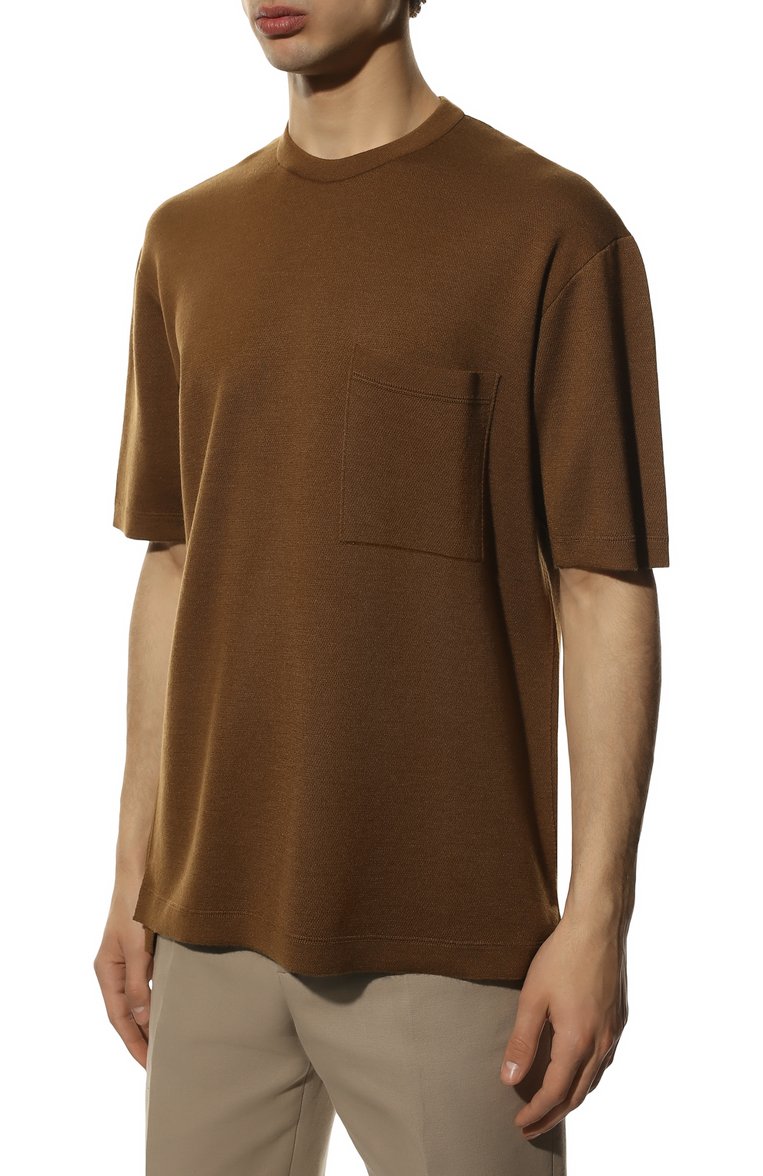 Мужская футболка из шелка и кашемира ZEGNA коричневого цвета, арт. UZH9G/C11 | Фото 3 (Материал внешний: Шерсть, Шелк, Кашемир; Длина (для топов): Стандартные; Принт: Без принта; Сти�ли: Кэжуэл; Рукава: Короткие; Нос: Не проставлено; Кросс-КТ: Джерси; Мужское Кросс-КТ: Футболка-одежда; Автоматизация ТО: Проставлено; Автоматизация состава: Проставлено; Детали: Без декора)