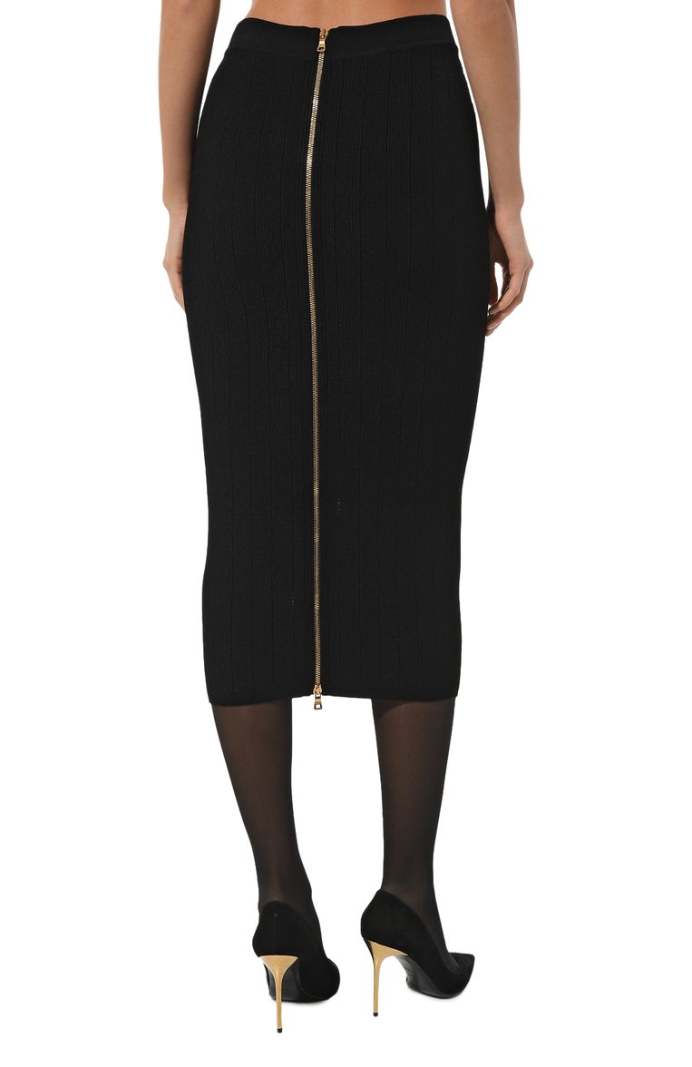 Женская юбка из вискозы BALMAIN черного цвета, арт. YF1LD066KB07 | Фото 4 (Длина Ж (юбки, платья, шорты): Миди; Материал внешний: Вискоза; Женское Кросс-КТ: Юбка-одежда; Кросс-КТ: Трикотаж; Стили: Кэжуэл; Автоматизация состава: Проставлено; Автоматизация ТО: Проставлено)
