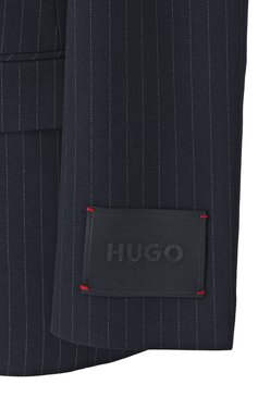 Женский жакет HUGO темно-синего цвета, арт. 50533842 | Фото 6 (Длина (для топов): Стандартные; Рукава: Длинные; Материал сплава: Проставлено; Драгоценные камни: Проставлено; Материал внешний: Вискоза, Синтетический материал; Стили: Классический; Кросс-КТ: костюм; Женское Кросс-КТ: Жакет-одежда; 1-2-бортные: Однобортные)