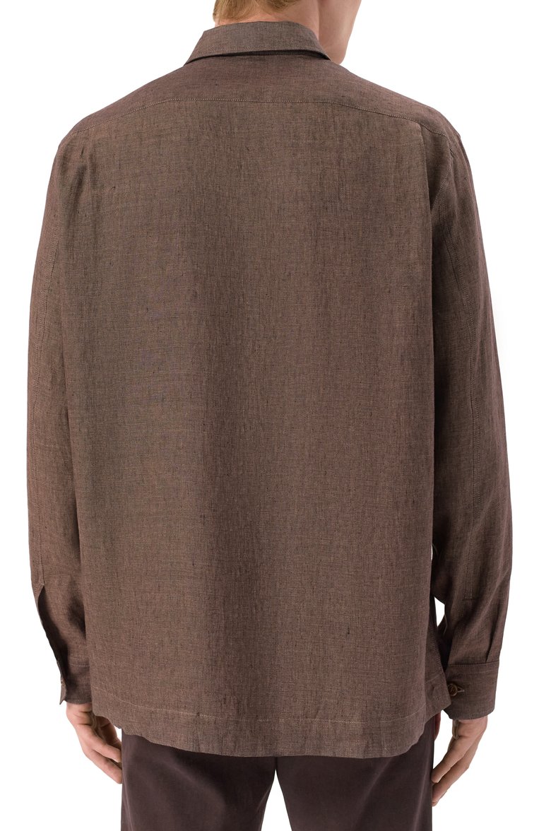 Мужская льняная рубашка BRUNELLO CUCINELLI коричневого цвета, арт. MM6950648 | Фото 4 (Рукава: Длинные; Длина (для топов): Стандартные; Материал внешний: Лен; Воротник: Кент; Принт: Однотонные; Случай: Повседневный; Манжеты: На пуговицах; Стили: Кэжуэл)