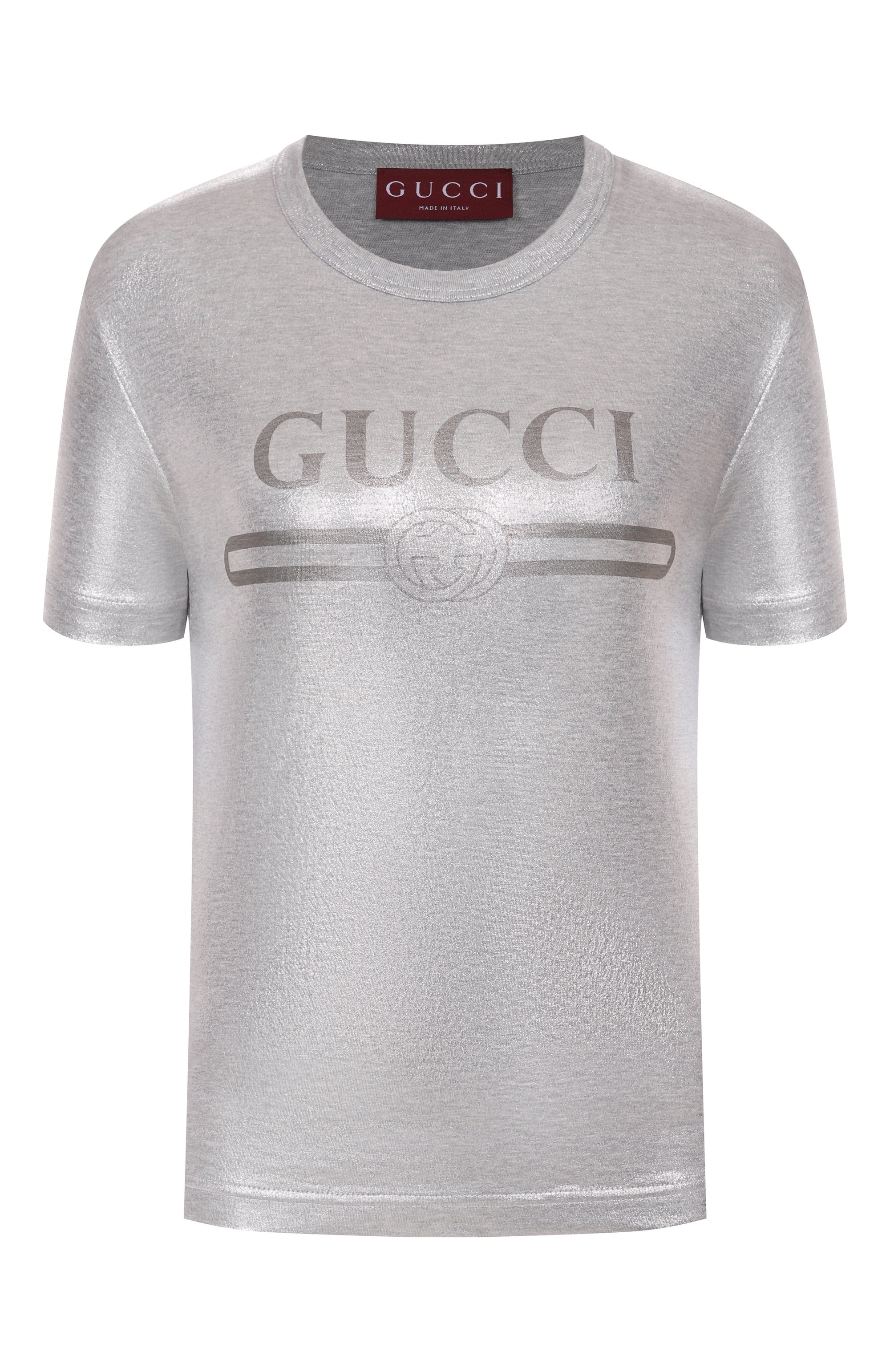 Хлопковая футболка GUCCI серебряного цвета по цене 86650 руб., арт. 805285/XJG05, фото 1 Хлопковая футболка GUCCI, арт. 805285/XJG05, фото 1