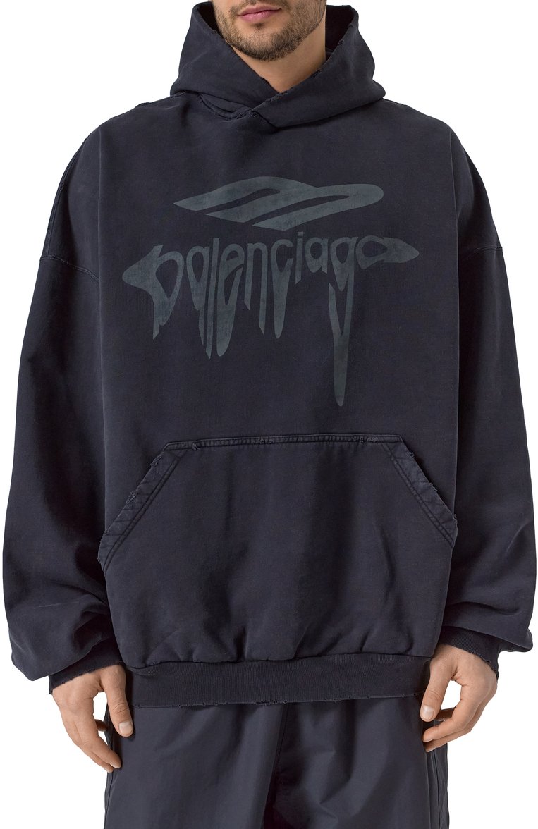 Мужской хлопковое худи BALENCIAGA черного цвета, арт. 803265/TRVS9 | Фото 3 (Длина (�для топов): Стандартные; Материал сплава: Проставлено; Драгоценные камни: Проставлено; Материал внешний: Хлопок; Рукава: Длинные; Мужское Кросс-КТ: Худи-одежда; Принт: С принтом; Стили: Спорт-шик)