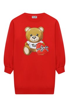 Детское хлопковое платье MOSCHINO красного цвета, арт. HDV096/LDA16/4A-8A | Фото 1 (Материал внешний: Хлопок; Рукава: Длинные; Случай: Повседневный; Девочки Кросс-КТ: Платье-одежда; Драгоценные камни: Проставлено; Материал сплава: Проставлено)