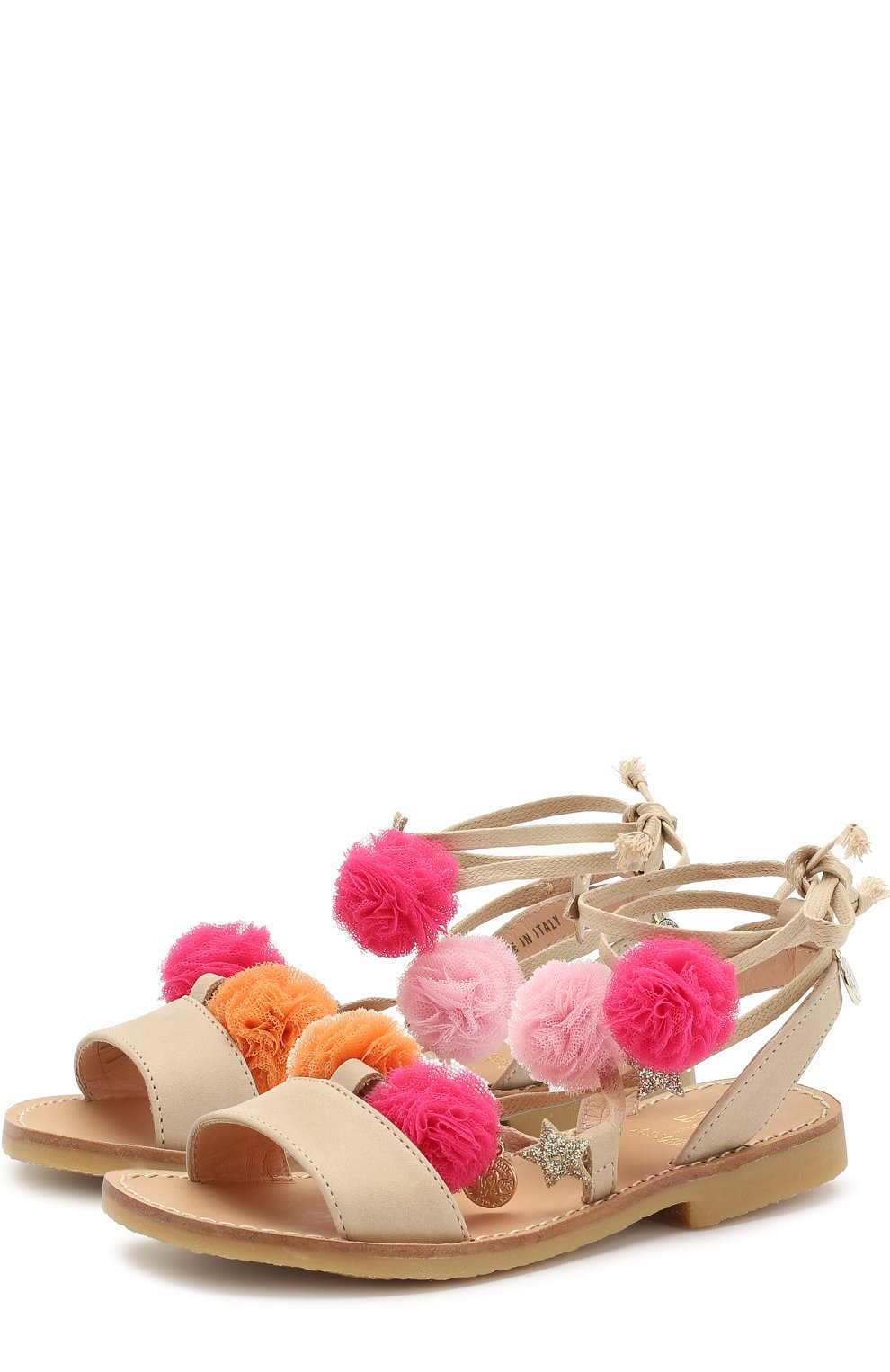 Кожаные сандалии с помпонами IL GUFO бежевого цвета по цене 18250 руб., арт. G739/VITELL0 ICARUS/27-30, фото 1 Кожаные сандалии с помпонами IL GUFO, арт. G739/VITELL0 ICARUS/27-30, фото 1