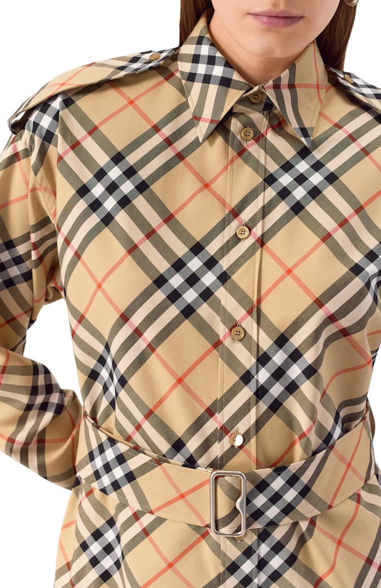 Женское хлопковое платье BURBERRY бежевого цвета, арт. 8086610 | Фото 5 (Материал внешний: Хлопок; Рукава: Длинные; Длина Ж (юбки, платья, шорты): До колена; Случай: Повседневный; Стили: Кэжуэл; Женское Кросс-КТ: Платье-одежда)