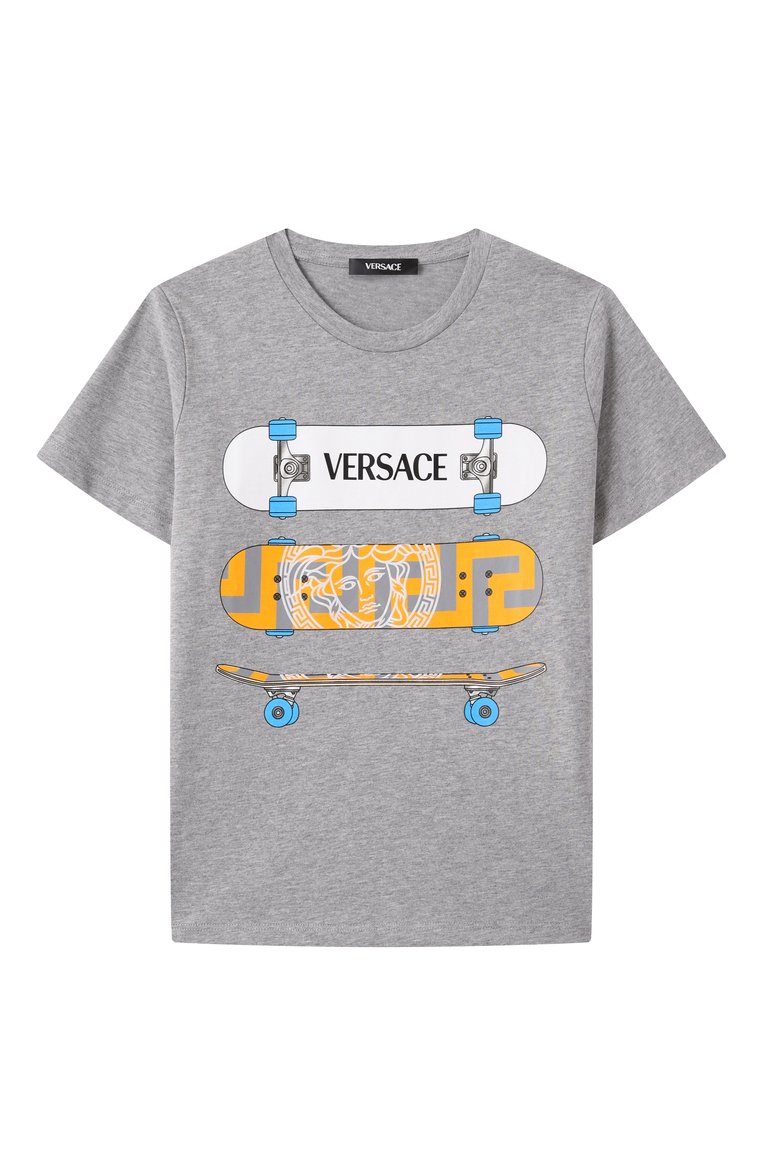 Детская хлопковая футболка VERSACE серого цвета, арт. 1018293/1A13086 | Фото 1 (Рукава: Короткие; Материал сплава: Проставлено; Драгоценные камни: Проставлено; Мальчики Кросс-КТ: Футболка-одежда; Материал внешний: Хлопок; Ростовка одежда: 8 лет | 128 см, 16 лет | 164 см, 12 лет | 152 см, 10 - 11 лет | 140 - 146см, 6 лет | 116 см)