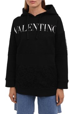 Женский хлопковое худи VALENTINO черного цвета, арт. WB3MF11B6GW | Фото 3 (Рукава: Длинные; Длина (для топов): Стандартные; Материал сплава: Проставлено; Материал внешний: Хлопок; Стили: Спорт-шик; Женское Кросс-КТ: Худи-одежда; Драгоценные камни: Проставлено)