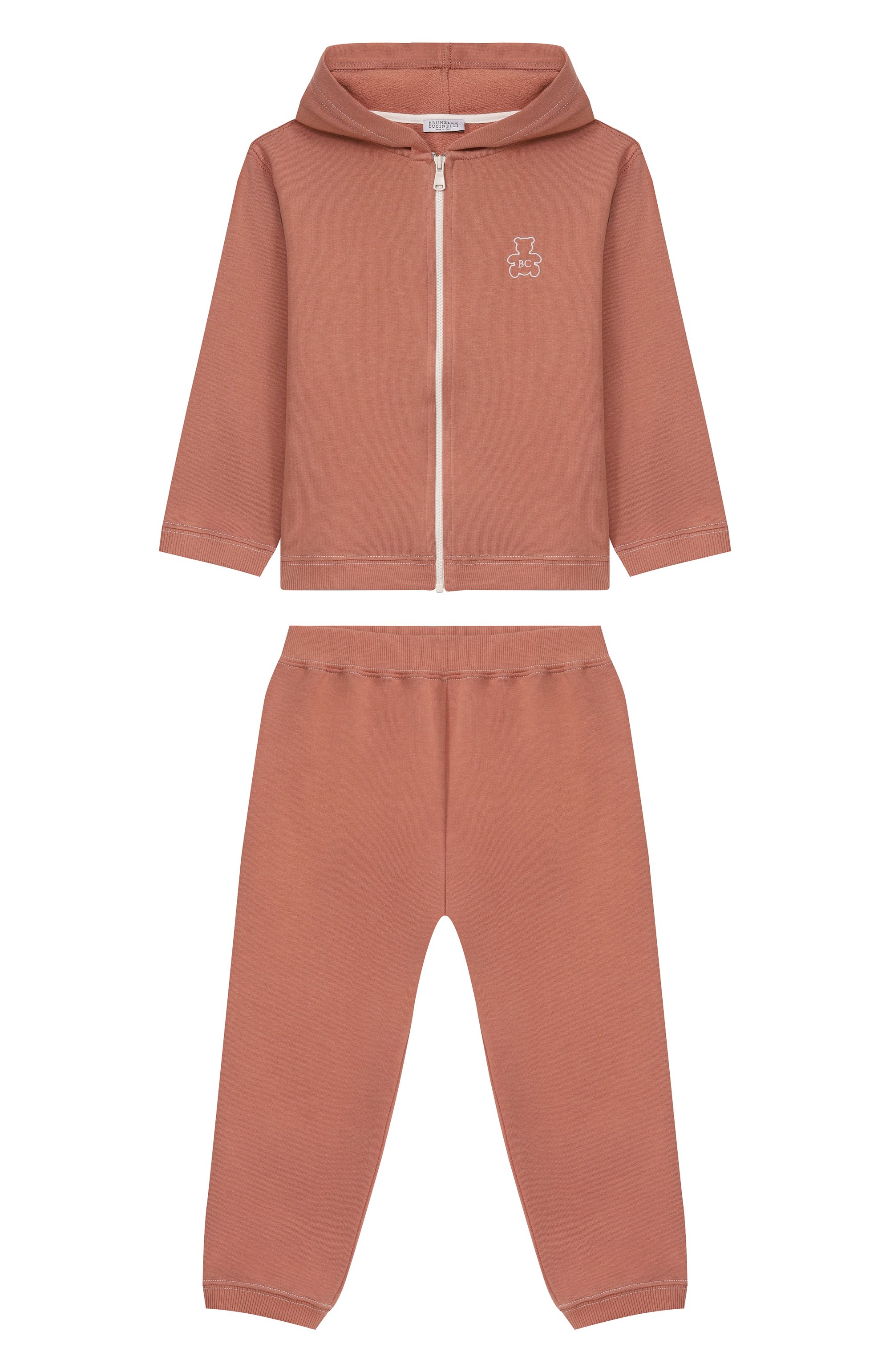 Комплект из толстовки и брюк BRUNELLO CUCINELLI кораллового цвета по цене 86900 руб., арт. BD824MT02S, фото 1 Комплект из толстовки и брюк BRUNELLO CUCINELLI, арт. BD824MT02S, фото 1