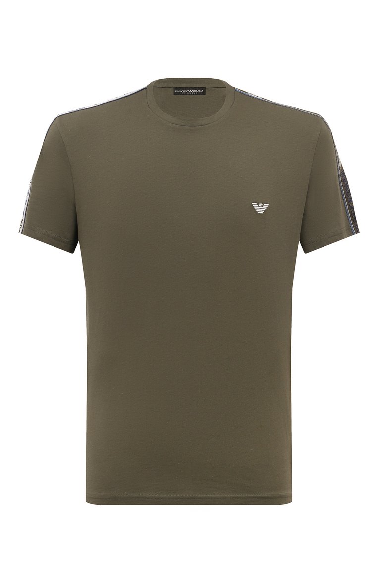Мужская хлопковая фут�болка EMPORIO ARMANI хаки цвета, арт. 211845/4R475 | Фото 1 (Материал внешний: Хлопок; Длина (для топов): Стандартные; Рукава: Короткие; Принт: Без принта; Стили: Милитари; Мужское Кросс-КТ: Футболка-одежда; Кросс-КТ: Джерси; Автоматизация ТО: Проставлено; Автоматизация состава: Проставлено; Детали: Декор)