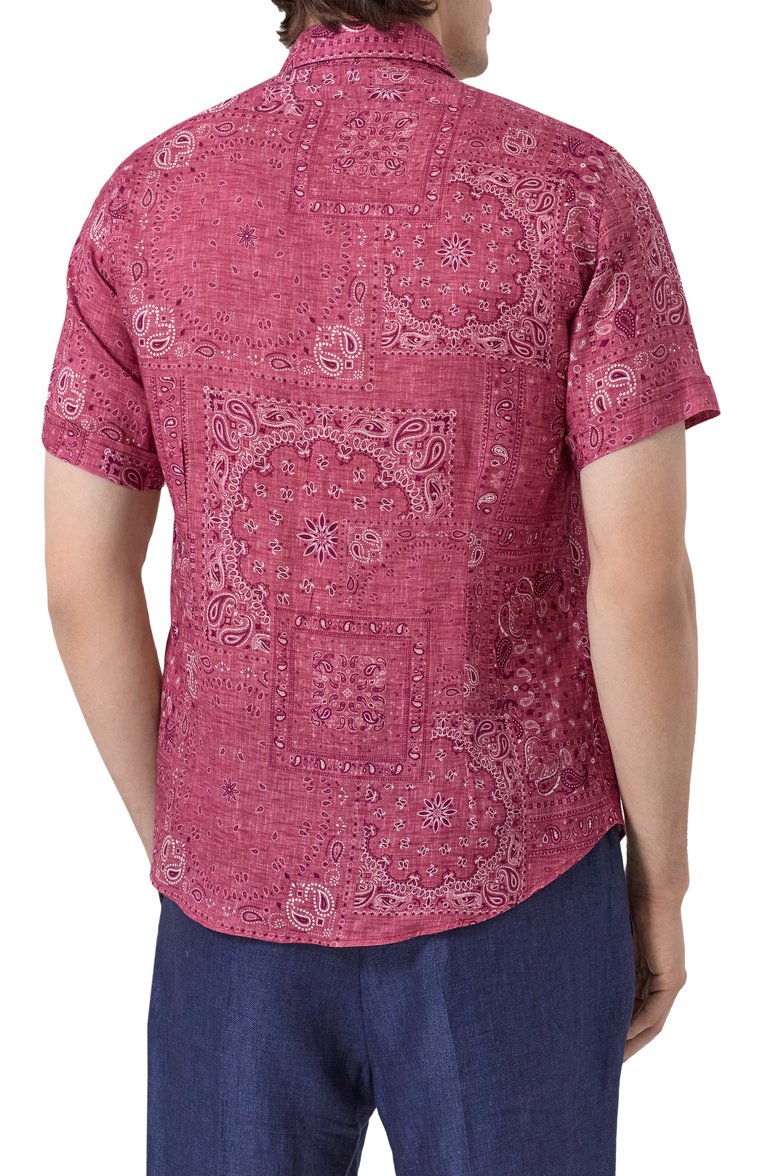 Мужская льняная рубашка FEFE` малинового цвета, арт. LINEN SHIRT (SH0RT SLEVES)/CLX082VAR09 | Фото 4 (Рукава: Короткие; Материал внешний: Лен; Длина (для топов): Стандартные; Случай: Повседневный; Принт: С принтом; Стили: Кэжуэл; Воротник: Кент)